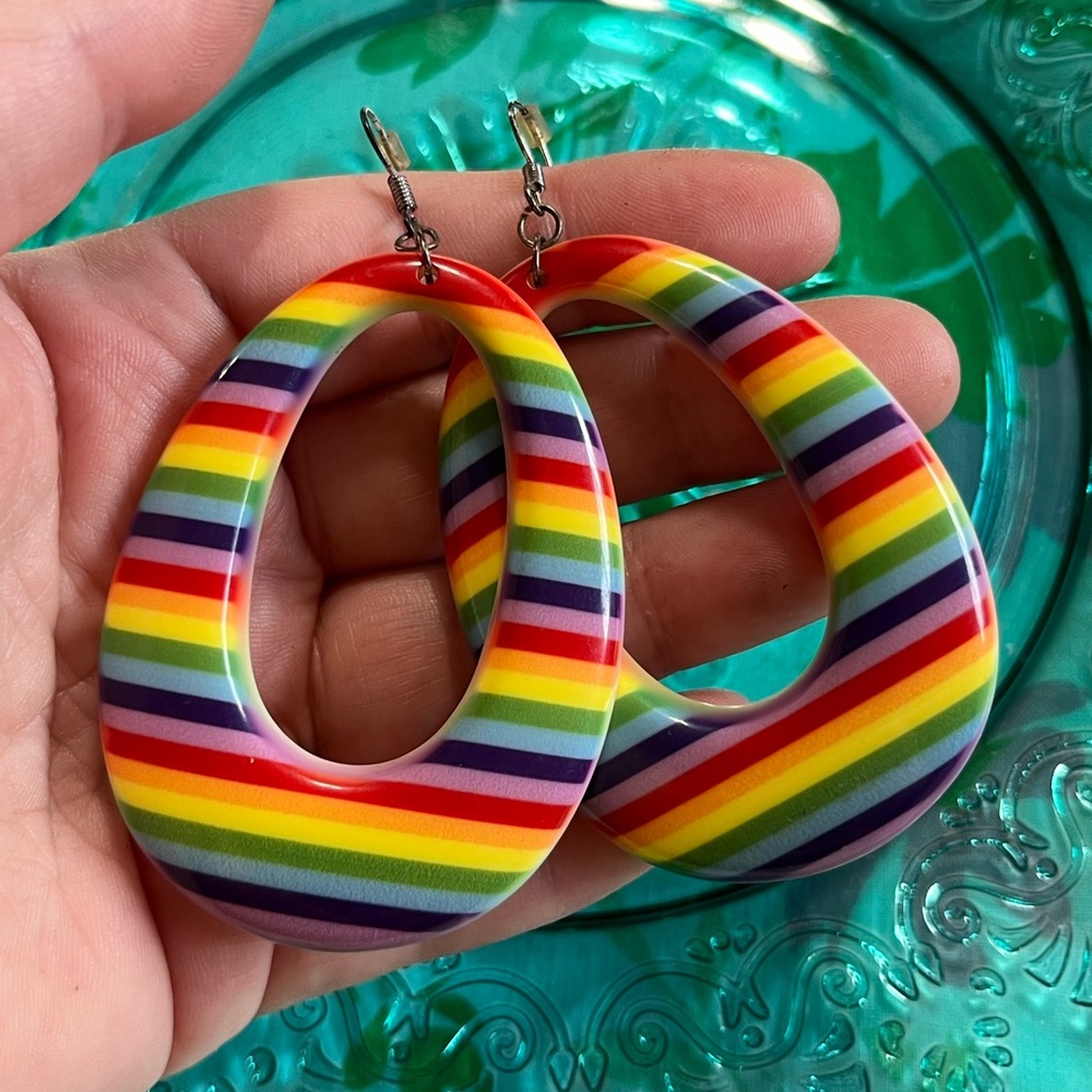 Vintage Chunky Retro Rainbow Acrylic Psychedelic Costume Jewelry Earrings